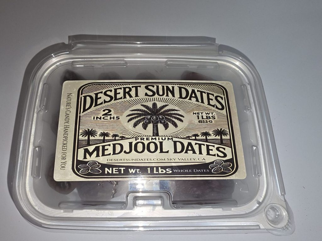 Sealed container of California Medjool dates packed farm-direct at Desert Sun Dates