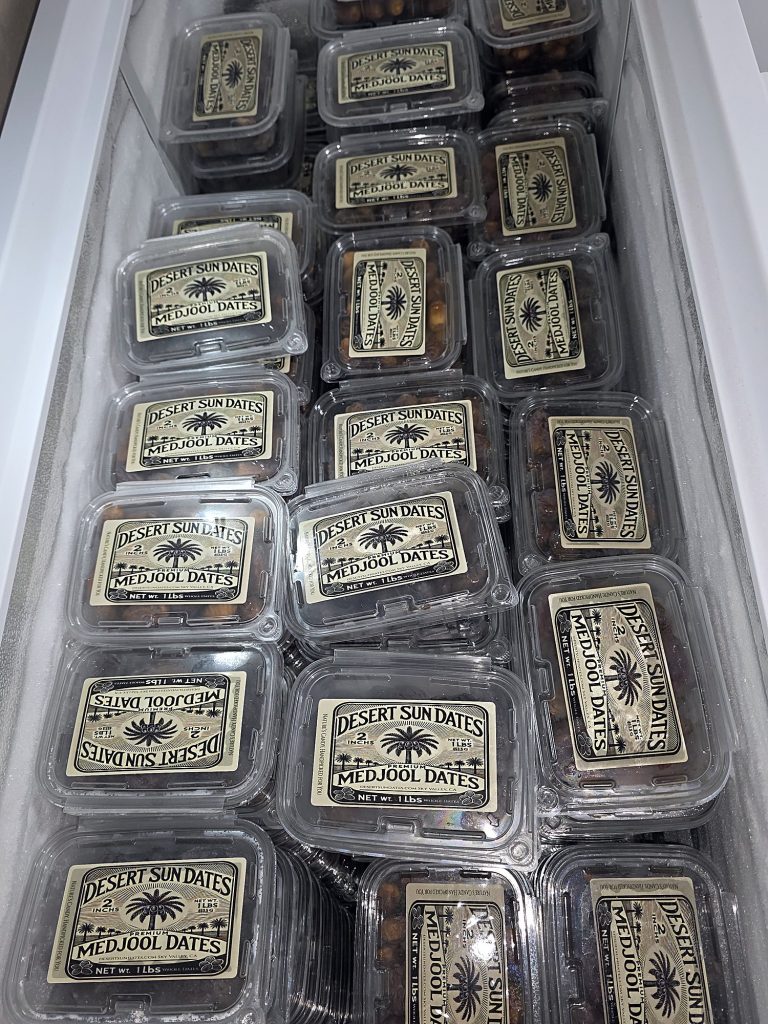 Chest freezer packed with labeled 1 lb Medjool date containers, 2026 harvest, Desert Sun Dates